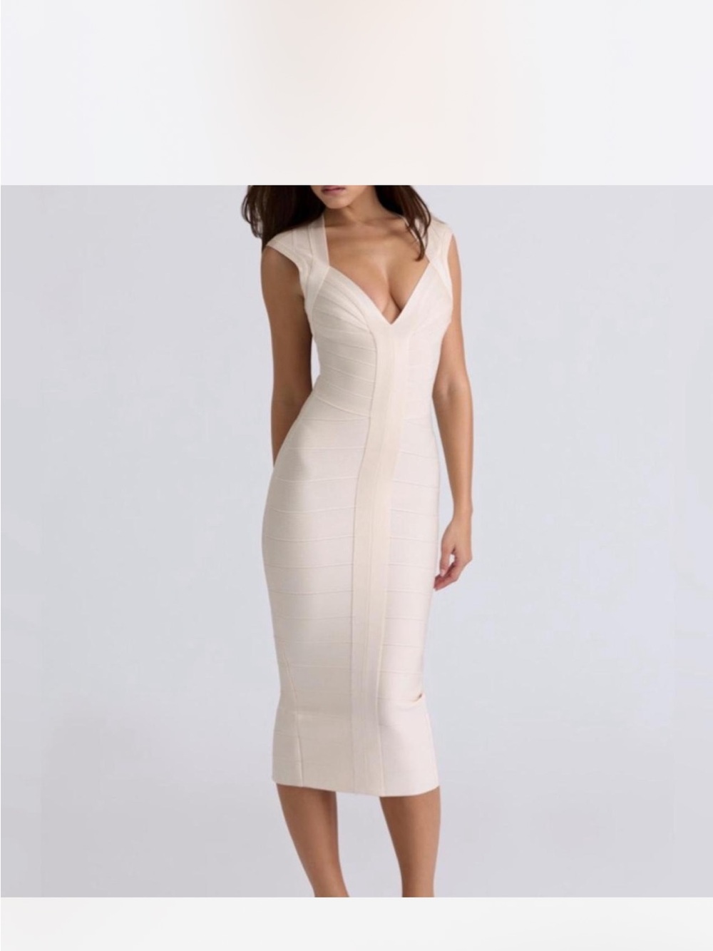 Elegant Cream V-Neck Bodycon Midi Dress